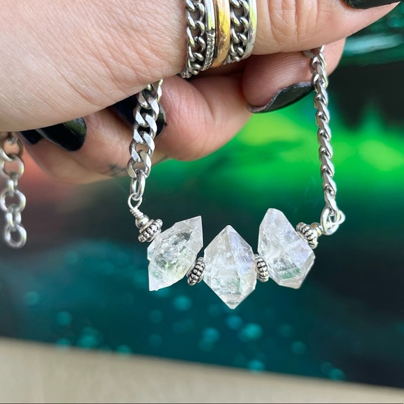 3 big Genuine herkimer diamonds crystals stainless steel boho choker necklace - Picture 7 of 15